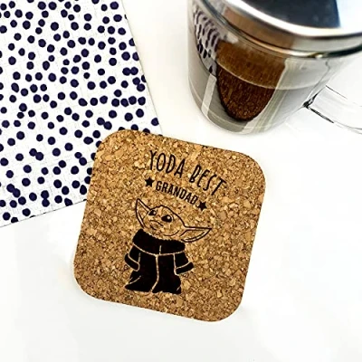 Image of eBuyGB Personalised Square Cork Coaster, Eco Friendly Engraved Baby Yoda Star Wars Themed Drinks Mat, Funny Gifts for Grandad from Grandchildren (Yoda Best Grandad)