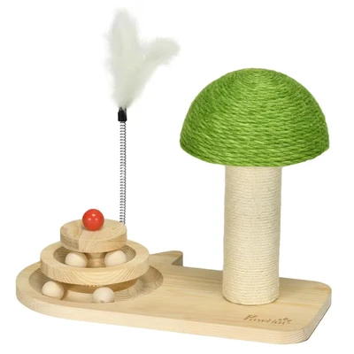 Image of PawHut 26cm Cat Scratching Post, Mushroom Shaped Post with Toy Balls, Feather, Sisal Scratch for Indoor Cats Natural tone and green