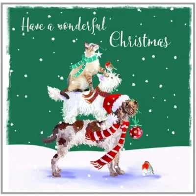 Image of Charity Christmas Cards Box of 20 Marie Curie, Parkinsons, NSPCC, Oxfam, Stroke Association and British Heart Foundation Cat, Dogs Robins in Scarves Artistic Festive Design Eco Friendly