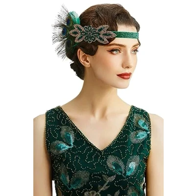 Image of BABEYOND 1920s Headpiece Vintage Headband Crystal Flapper with Great Gatsby Costume Accessories Roaring 20&#039;s (Gold Black Feather)