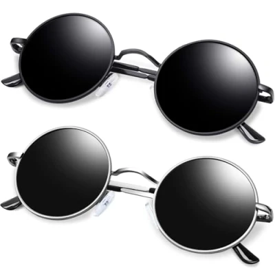 Image of KANASTAL 2 Pack Black Round Sunglasses Polarized Small Circle Hippie Vintage Metal Frame Dark Circular Lens + Silver