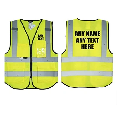 Image of Personalised Text Yellow Salzmann 3M High Visibility Safety Vest Multi Phone ID Pocket Hi Vis Waistcoat Reflective Tape