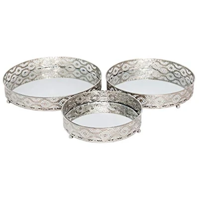 Image of Carousel Home and Gifts Set of 3 Silver Metal Mirror Candle Plate Decorative Tray Centerpiece, Perfume tray, Mirrored