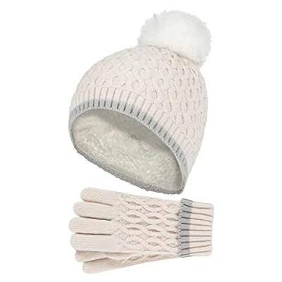 Image of HEAT HOLDERS Girls Thermal Insulated Pom Bobble Beanie Hat and Gloves Colourful Pastel Styles (7 10 Years, Buttercream)