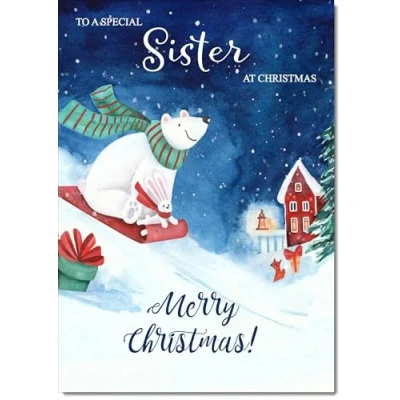 Image of doodlecards Sister Christmas Card Bear on Sled Medium Size for with Plain Envelope