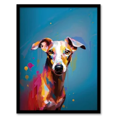 Image of Artery8 Whippet Dog Lover Gift Pet Portrait Blue Orange Purple Artwork Painting Framed Wall Art Print 18X24 Inch