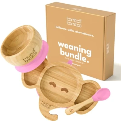 Image of Bamboo Baby Plate &amp; Bowl Set for Feeding and Weaning, Elephant Plate, Toddler Spoon, Suction Plates Babies from 6 Months (Pink)
