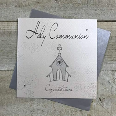 Image of WHITE COTTON CARDS Holy Communion Congratulations Handmade Card, Silver Church, WB104,16cm x 16cm