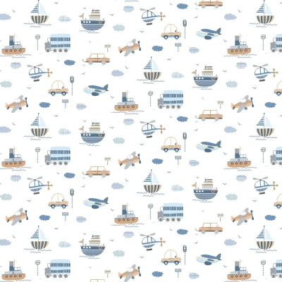 Image of Children&#039;s wallpaper with cars, planes and ships colours blue dove grey on white base