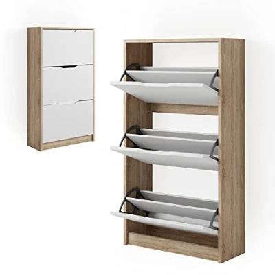 Image of Vicco Shoe tipper Luca, White/Sonoma/White, 59 x 105 cm 3 compartments