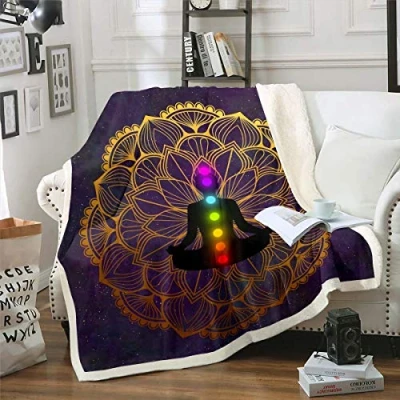 Image of Loussiesd Women Chakra Fleece Sherpa Blanket for Sofa Couch Boho Mandala Plush Throw Purple Galaxy Fuzzy Room Decor Chic Golden Bohemian Zen Spiritual Flannel Double 60&quot;x79&quot;