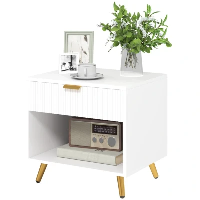 Image of HOMCOM Bedside Table, Cabinet With Drawer and Open Compartment, Nightstand Handle for Bedroom, Living Room, White