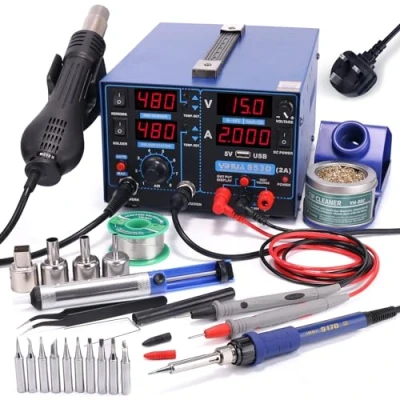 Image of YIHUA 853D 2A USB SMD Hot Air Rework Station Soldering Station, 0 15V DC Power Supply 3 in 1 with 5V Charging Port and 35V Voltmeter for Cellphone Electronic Repair(UK Plug)