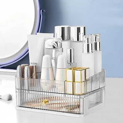 Image of OKUYAN Clear Makeup Organiser Tray 2 Tier Make Up Desk Skincare Dressing Table Acrylic Cosmetic Storage Box With Drawers For Vanity Bathroom