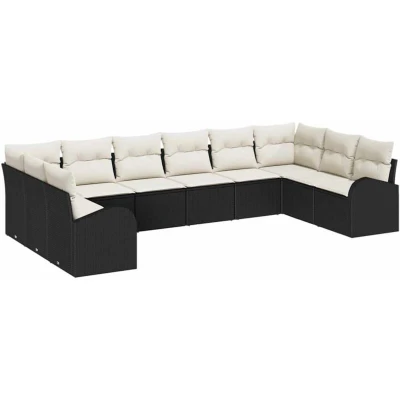 Image of vidaXL 10 Piece Garden Sofa Set with Cushions Black Poly Rattan