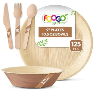 Image of FOOGO Green 625pcs Disposable Palm Leaf Plates, Bowls and Wooden Cutlery Set, FSC® Certified, 125x Large Round Bowls, Forks, 125xKnives, Spoons, Eco Friendly Strong Paper Plates