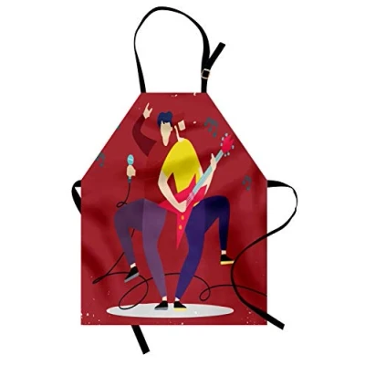 Image of ABAKUHAUS Rock and Roll Apron, Guitarist Vocal, Unisex Kitchen Bib Apron with Adjustable Neck for Cooking Baking Gardening, Ruby Multicolor