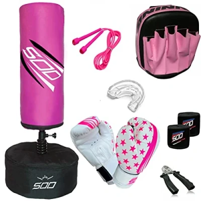 Image of Freestanding Heavy Boxing Bag with Stand for Kids, Kickboxing 12 Suction Cup Base Home Office Gym (Pink)