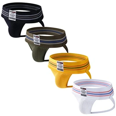 Image of JOCKMAIL 4PCS/PACK Sexy Mens Jock Strap Briefs Athletic Underwear Supporter (as8, alpha, l, regular, Black+White+Army green+Yellow)