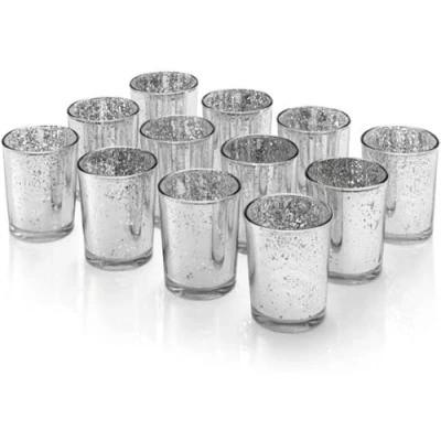 Image of Set of 12 Mercury Glass Silver Tea Light Holders Candle Votive Wedding Decoration 6.7CM H