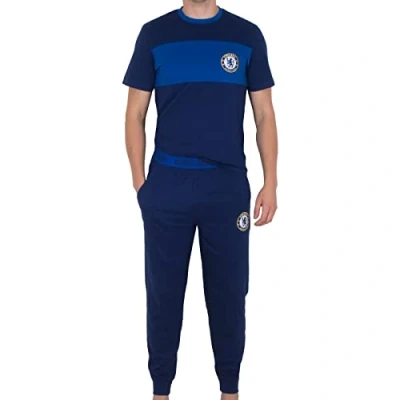 Image of Chelsea FC Official Football Gift Mens Premium Long Pyjamas Set Navy Medium