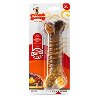Image of Nylabone Extreme Tough Dog Chew Toy Bone, Durable, Cleans Teeth, Beef &amp; Cheese, X Large, for Dogs Over 23 kg