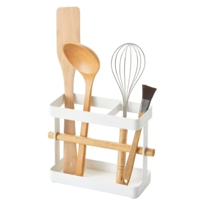 Image of Yamazaki 3154 TOSCA Kitchen Tool Stand, White, Steel/Wood, Minimalist Design, 20 x 7.5 14.5 cm (LxWxH)