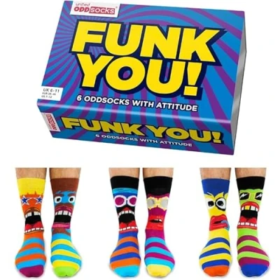 Image of United Oddsocks Funk You Box of 6 Colourful Mix &amp; Match Striped Socks for Men,UK 11 EUR 39 46 US 7 12. Fun and Quirky Birthday,Christmas,Father&#039;s Day Gift Men
