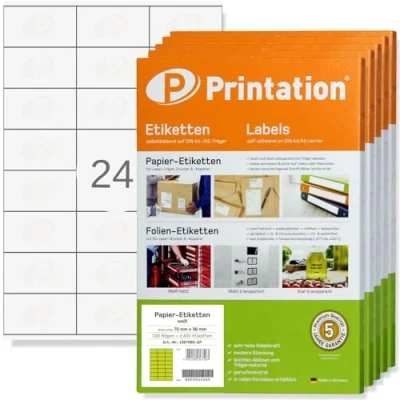 Image of Printation Labels 12000 Pieces 70 x 36 mm Internet Brand White Self Adhesive Stickers for Printing on 500 DIN A4 Sheets 3 8 24 Address 3475 3490 6122 4453 la131