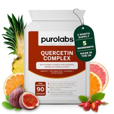 Image of Quercetin Complex 500mg with Bromelain &amp; Vitamin C 90 Vegan Capsules Antioxidant Immune Support Rosehip, Bioflavonoids and Rutin Made in The UK by Purolabs