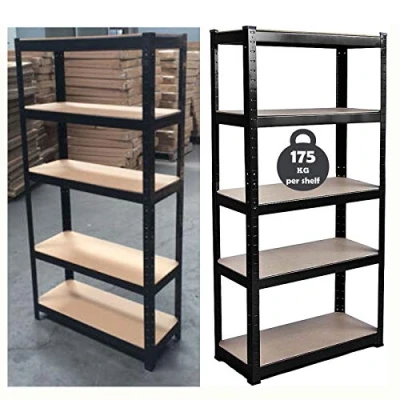 Image of Feidak 150cm x 70cm 30cm 5 Tier Shelf, Steel &amp; MDF Boltless Shelves, 875kg Total Capacity/175kg Per Shelf Garage shed Storage Shelving Units, 3 Year Warranty (Black)
