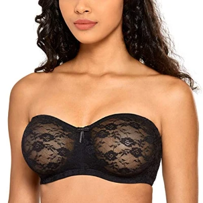 Image of DOBREVA Women&#039;s Strapless Bras See Through Sheer Lace Non Padded Underwired Multiway Bra Black 36F