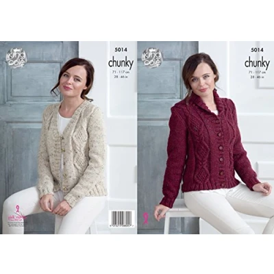 Image of King Cole Ladies Chunky Knitting Pattern Womens Cabled V Neck or Collar Cardigan (5014)
