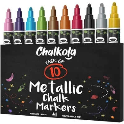 Image of Chalkola Metallic Liquid Chalk Pens for Blackboard, Chalkboard, Whiteboard, Window, Labels, Bistro, Glass, Board Pack of 10 Wipeable Paint Markers Washable 6mm Reversible Bullet &amp; Chisel Tip