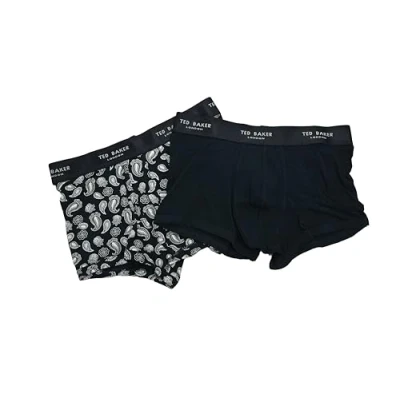 Image of Ted Baker London Claytt 2 Pair Box Set of Mens Cotton Stretch Printed Trunks Boxer Shorts in Black and White Size Medium Waist 32 34 Inches