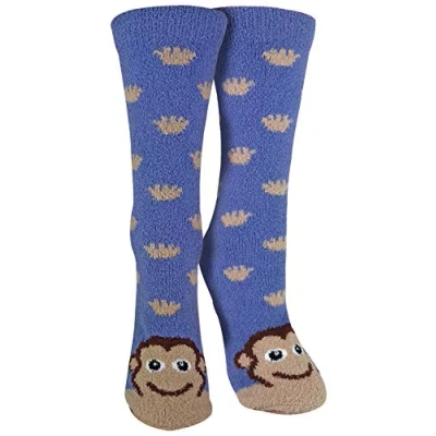 Image of Sock Snob Ladies/Womens Fluffy Non Slip Cute Novelty Slipper Socks with Animal Designs (4 7 UK, Monkey)