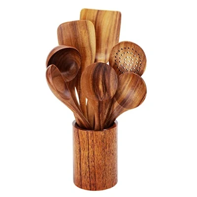 Image of Wooden Spatula Set, Natural Teak Kitchen Cooking Utensil Spoon(8 Pcs)