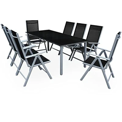 Image of CASARIA® Bern 8+1 Garden Dining Furniture Set 8x 8 Way Adjustable High Back Folding Chairs Table 190x90cm Aluminium 5mm Black Safety Glass Weatherproof Patio Balcony Deck Seating Silver