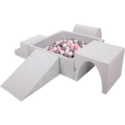 Image of KiddyMoon Foam Playground For Kids With Square Ballpit (300 Balls ∅ 7Cm/2.75In) Soft Obstacles Course And Ball Pool Made In EU, Lightgrey:White/Grey/Powderpink