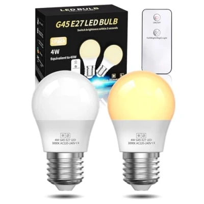 Image of Lamptobe E27 Large Screw Light Bulb with Remote, Warm White 3000K Night G45 ES Golf Ball 4W(40W Equivalent) 2 Modes for Bedroom,Baby Nursery Light, Chandeliers (Non DIM, 2PCS)