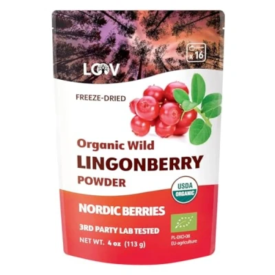 Image of LOOV Organic Wild Lingonberry Powder, Made from 100% Whole Freeze Dried Lingonberries, Crafted Northern European Forests, 113 g, No Added Sugar