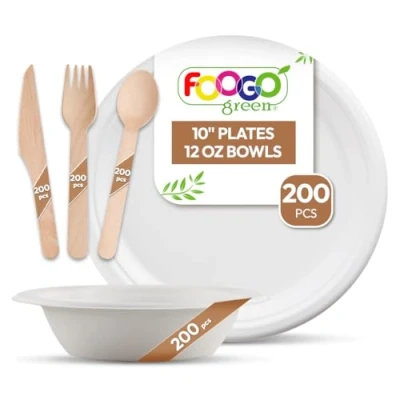 Image of FOOGO Green 1000pcs Disposable Sugarcane Fibre Paper Plates, Bowls and Wooden Cutlery Set, FSC® Certified, 200x Large Round Bowls, Forks, Knives, Spoons, Eco Friendly