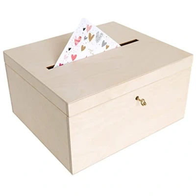Image of Creative Deco Lockable Wooden Wedding Card Box 29x25x15cm Unpainted Plain Storage with Lid Wood Keepsake Memory Trinket Chest for Post Easter Gift Birthdays Arts &amp; Crafts