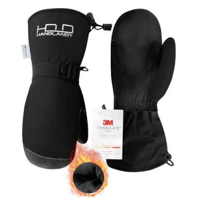 Image of HANDLANDY Winter Snowboarding Mittens Men Women Warm 3M Thinsulate Thermal Ski Mitten with Build in Gloves (Medium, Black Mitten)