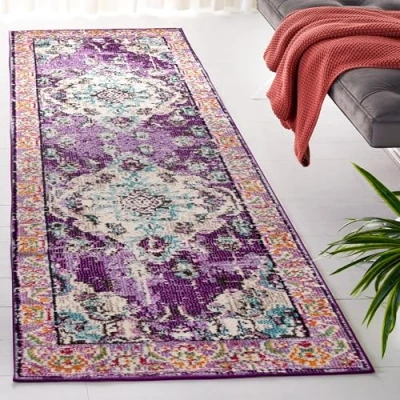 Image of SAFAVIEH Boho Chic Rug for Living Room, Dining Bedroom Monaco Collection, Short Pile, in Violet and Light Blue, 66 X 244 cm