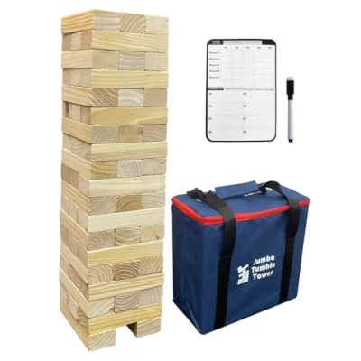 Image of JacJoe All Pro Wooden Tumble Tower Game Toppling Block Stacking Timber 56 Pcs Outdoor Yard Games for Family (Large 1.87FT)