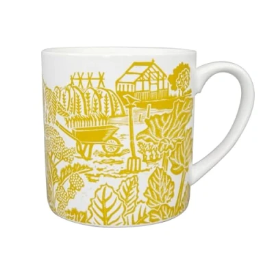 Image of Half Moon Bay In The Allotment Country Garden by Kate Heiss Mustard Yellow/White 10.5 Ounce (310ml) Ceramic Stoneware Hot/Cold Drinking Mug