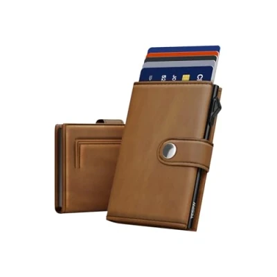 Image of YESIIW Credit Card Holders Wallets for Men RFID Blocking Leather Minimalist Smart Pop Up Trifold Wallet with Magnetic Coin Pocket, Button Closure, Holds to 9 Cards, 2 ID Window(Vintage Brown)