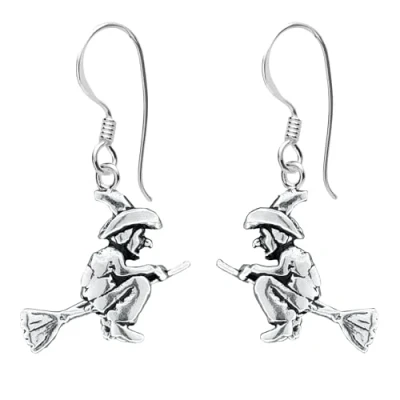Image of ENTREPLATA 925 Sterling Silver Earrings Hippy Closure with Flying Broom Pendant Lucky Little Witch