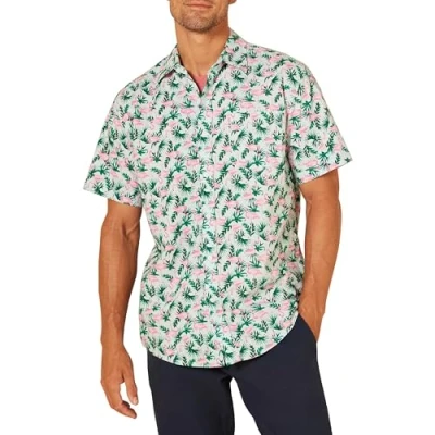 Image of Amazon Essentials Men&#039;s Regular Fit Short Sleeve Print Shirt, Pastel Green Flamingo, XS